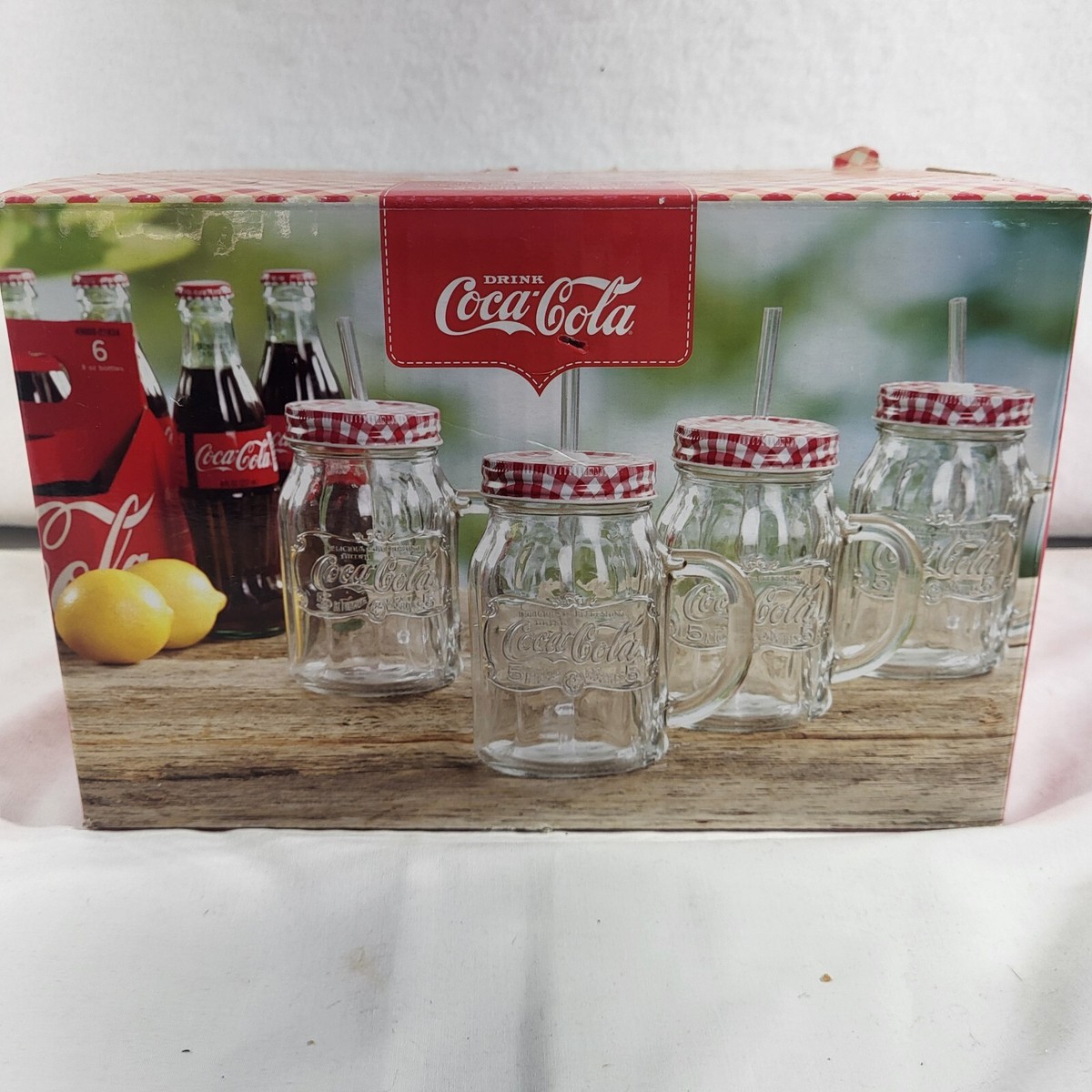 Coca-Cola Mason Jar Glass Drink Set With Straw Set Of 4 NEW | eBay