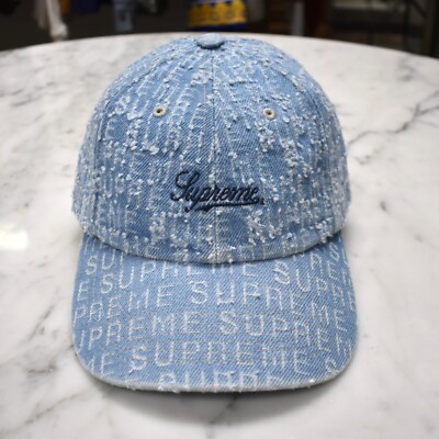 NWT Supreme Needle Punch Denim 6-Panel Script Logo Hat Cap Blue