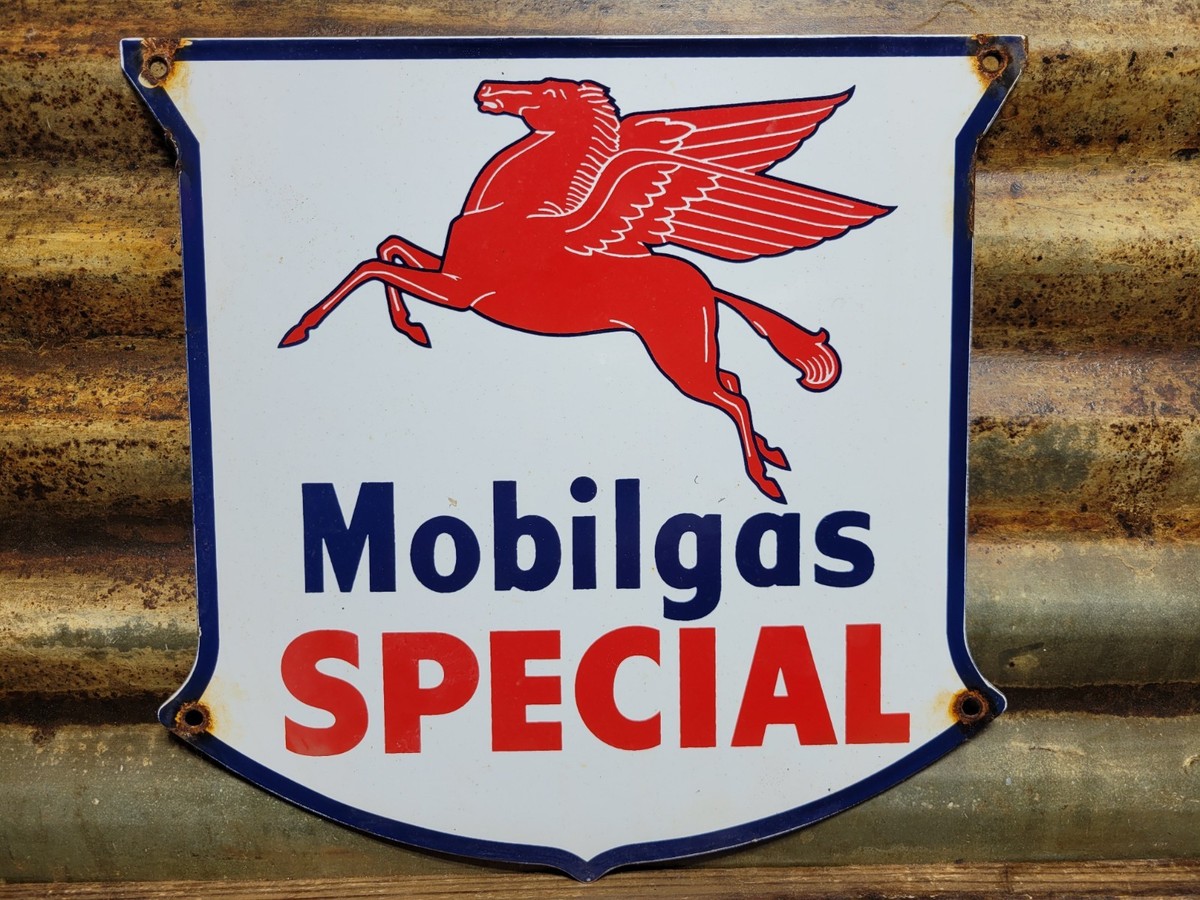 VINTAGE MOBIL PORCELAIN SIGN OLD GAS STATION SHIELD PEGASUS GAS