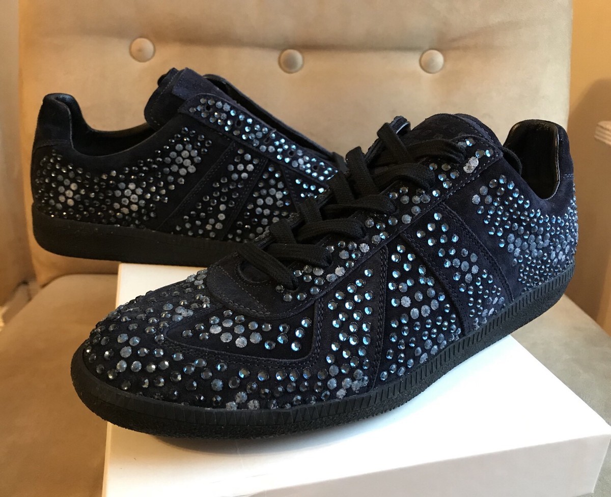 MAISON MARGIELA STUDDED NAVY BLUE SUEDE SWAROVSKI LOW TOP SNEAKERS