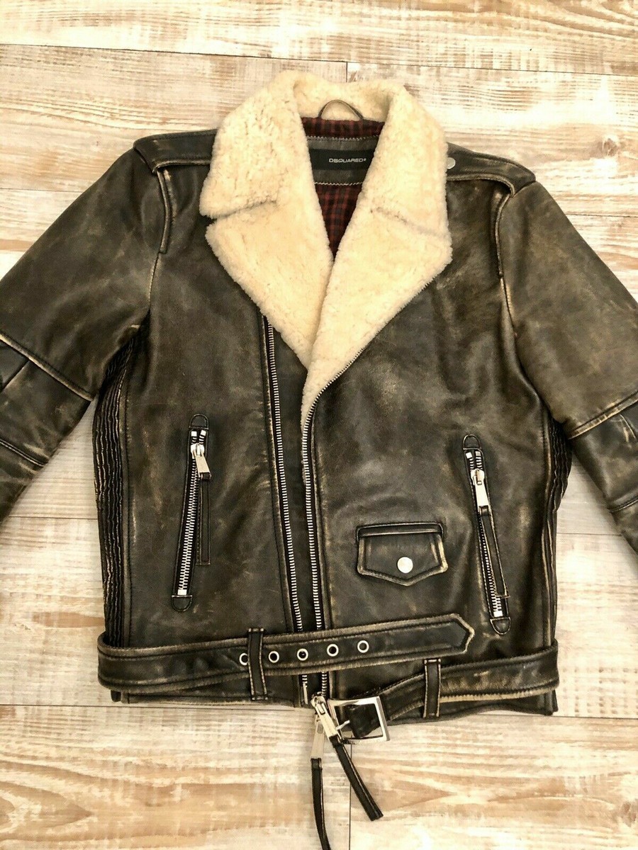Dsquared Biker Shearling Leather Jacket S 48 coat motorcycle jeans