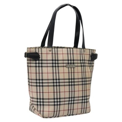 BURBERRY Nova Check Blue Label Tote Bag Canvas Beige Silver Auth