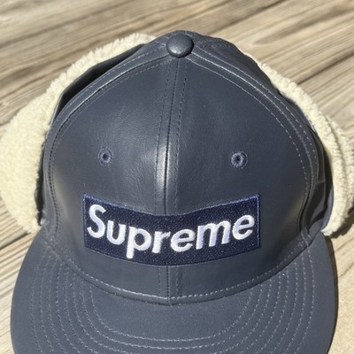 Supreme Leather Earflap Box Logo New Era Fitted Hat Navy 7 1/8 | eBay
