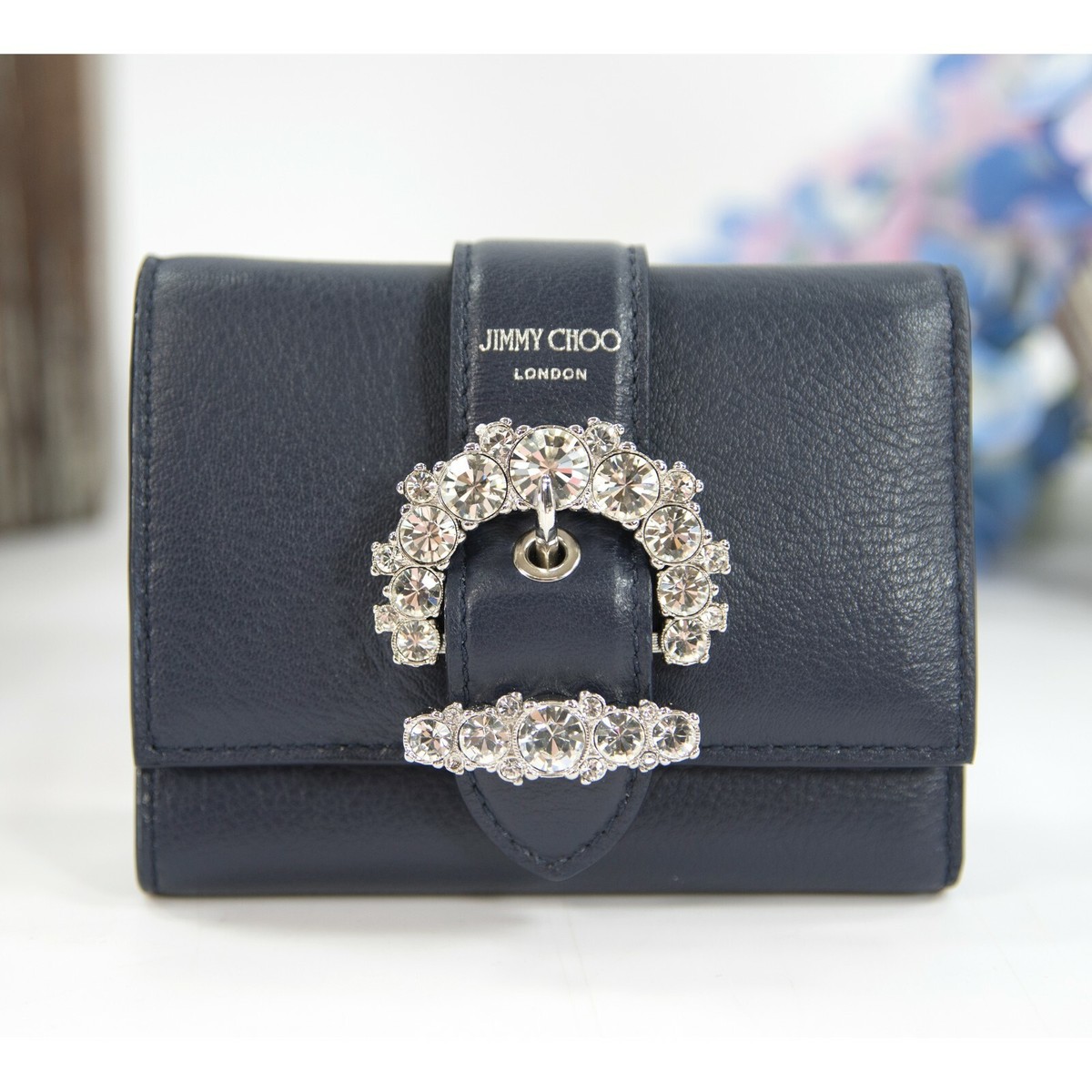 Jimmy Choo Cheri Cosmos Leather CZ Jewel Card Holder Small Trifold
