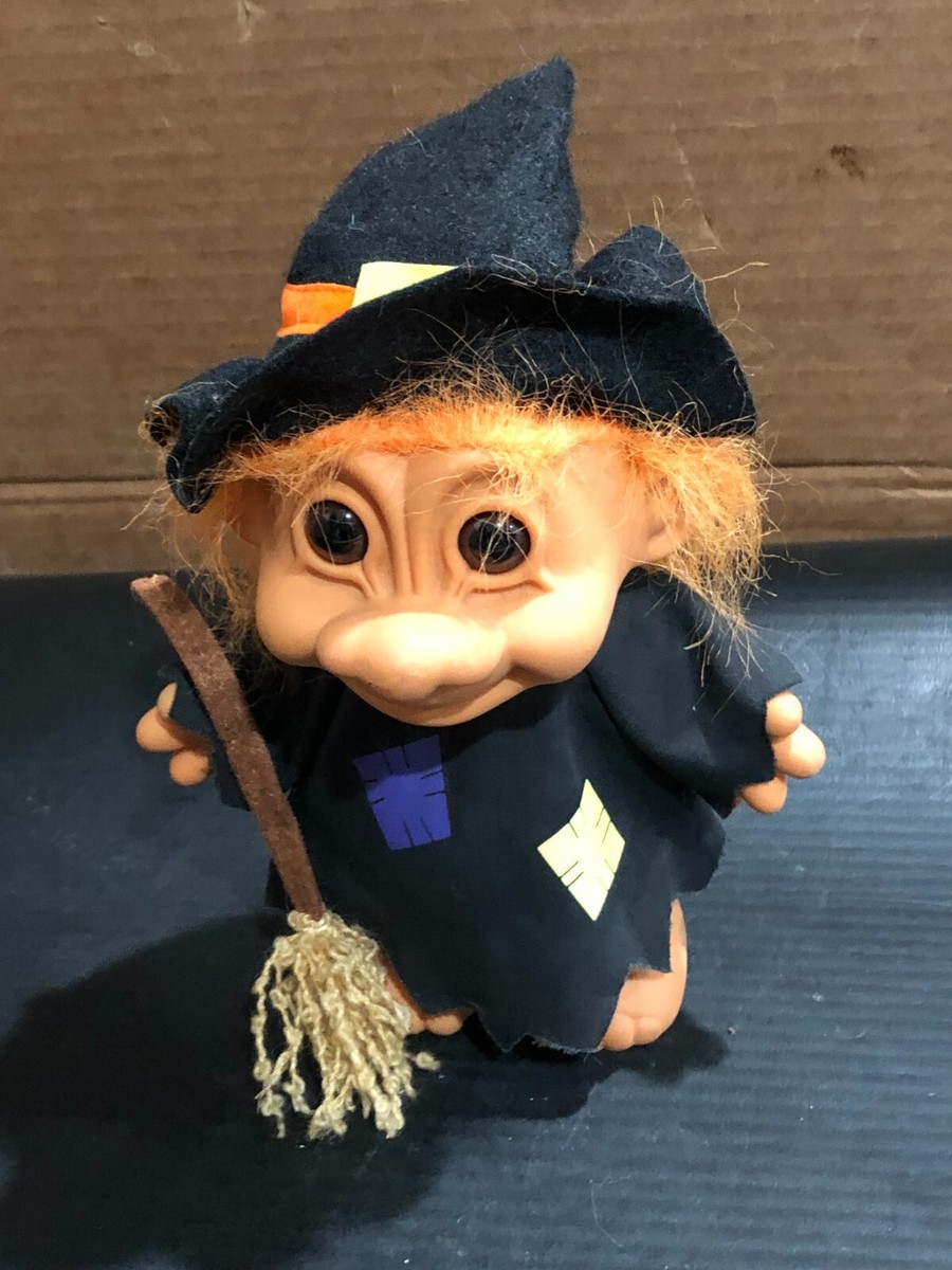 Vintage Russ Troll Doll Halloween Wicked Witch With Broom, Orange