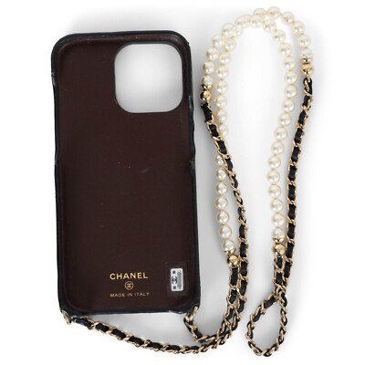 71441 auth CHANEL black leather IPHONE 13 PRO MAX Case w Pearl