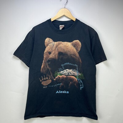 Vintage 90s Grizzly Bear Alaska Nature Animal T Shirt Large Sun