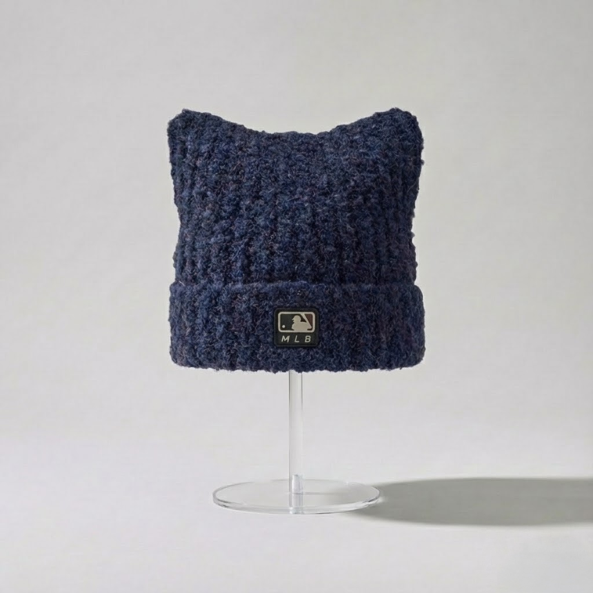 MLB Korea Plush Meow Beanie NY Yankees Black Cat Ear Hat Fuzzy