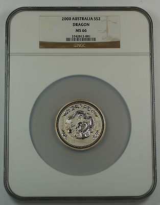 2000 Australia 2 Oz 999 Silver $2 Dragon Coin NGC MS-66 Large Slab