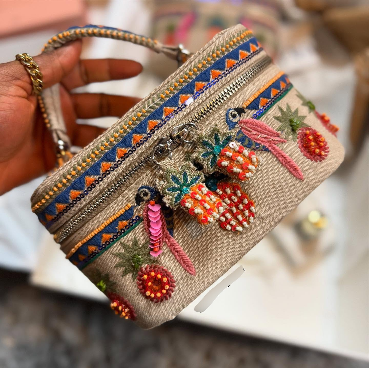 Zara Beaded Embroidered Rigid Vanity Bag Box Top Handle Ecru Beige