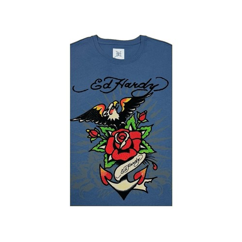Ed Hardy Mens T Shirt Script Graphic Embroidered Blue Size M NEW