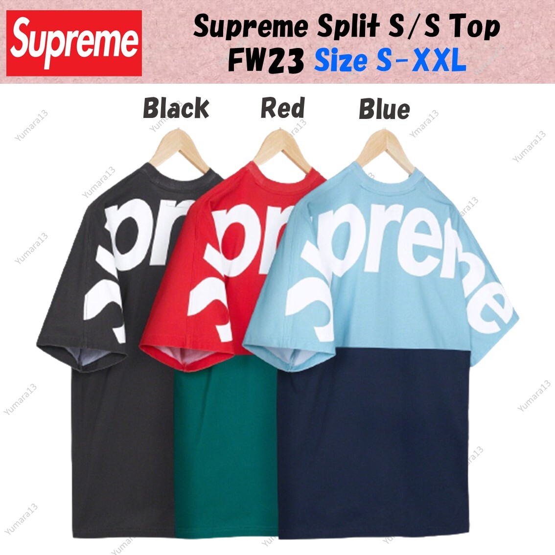 Supreme Split S/S Top Tee FW23 3colors Black Red Blue Size S-XXL