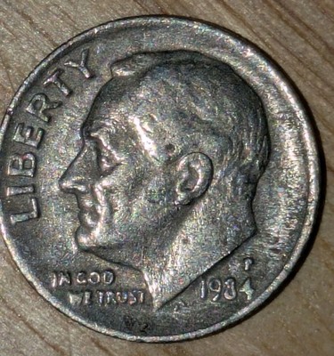 1984-P 10c Dime Full Torch Full Bands Struck Through Grease Error