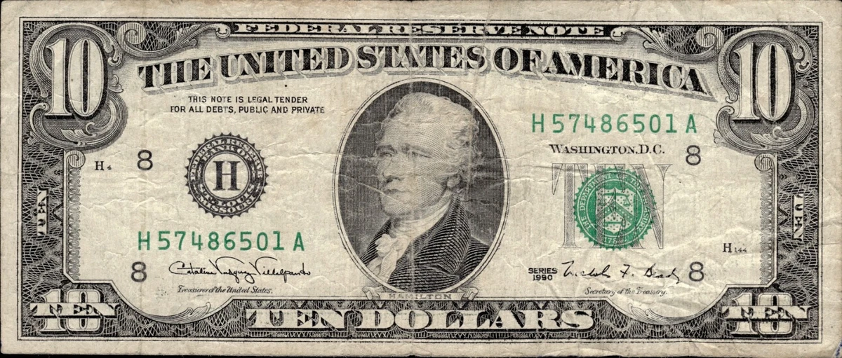 未经认证$10， 1990 美国小尺寸纸币说明| eBay