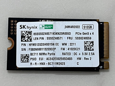 Sk Hynix 512GB SSD BC711 NVMe PyritM.2 2242 PCIe Gen3x4