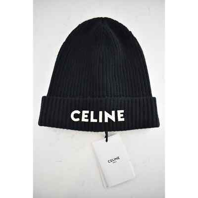 Celine Paris Black White Logo Laine Knit Wool Embroidered Beanie