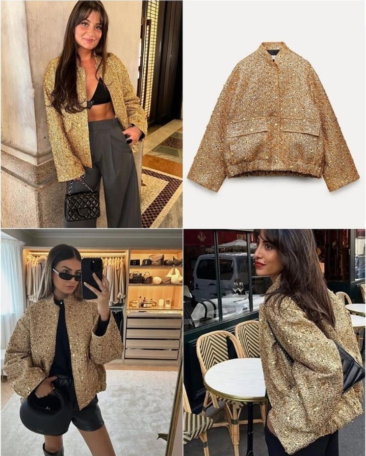 ZARA ZW COLLECTION Sz S SEQUIN JACKET GOLD ROUND NECK NEW FW24