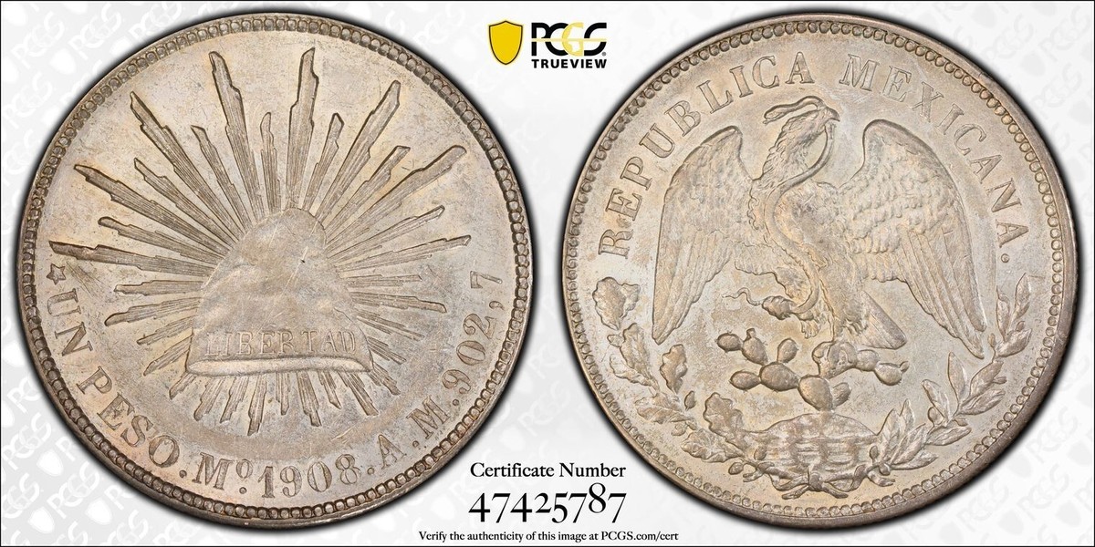 1908年 Mo GV メキシコ ペソ 銀貨 KM#409 EF ハイグレード 1908年 Mo GV