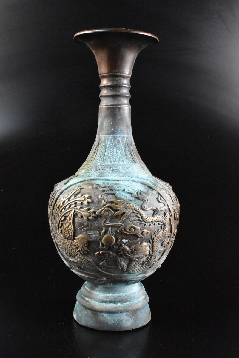 雲龍図銅花瓶 花入/花生 】 中華古玩 蔵出品 雲龍図銅花瓶 花入/花生