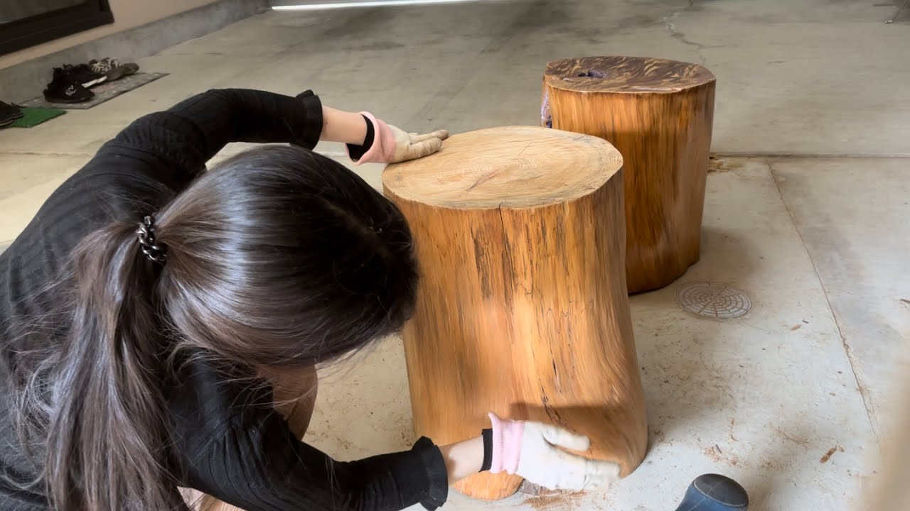DIY初心者の丸太イス作り🔰90分の作成工程⭐️ - YouTube