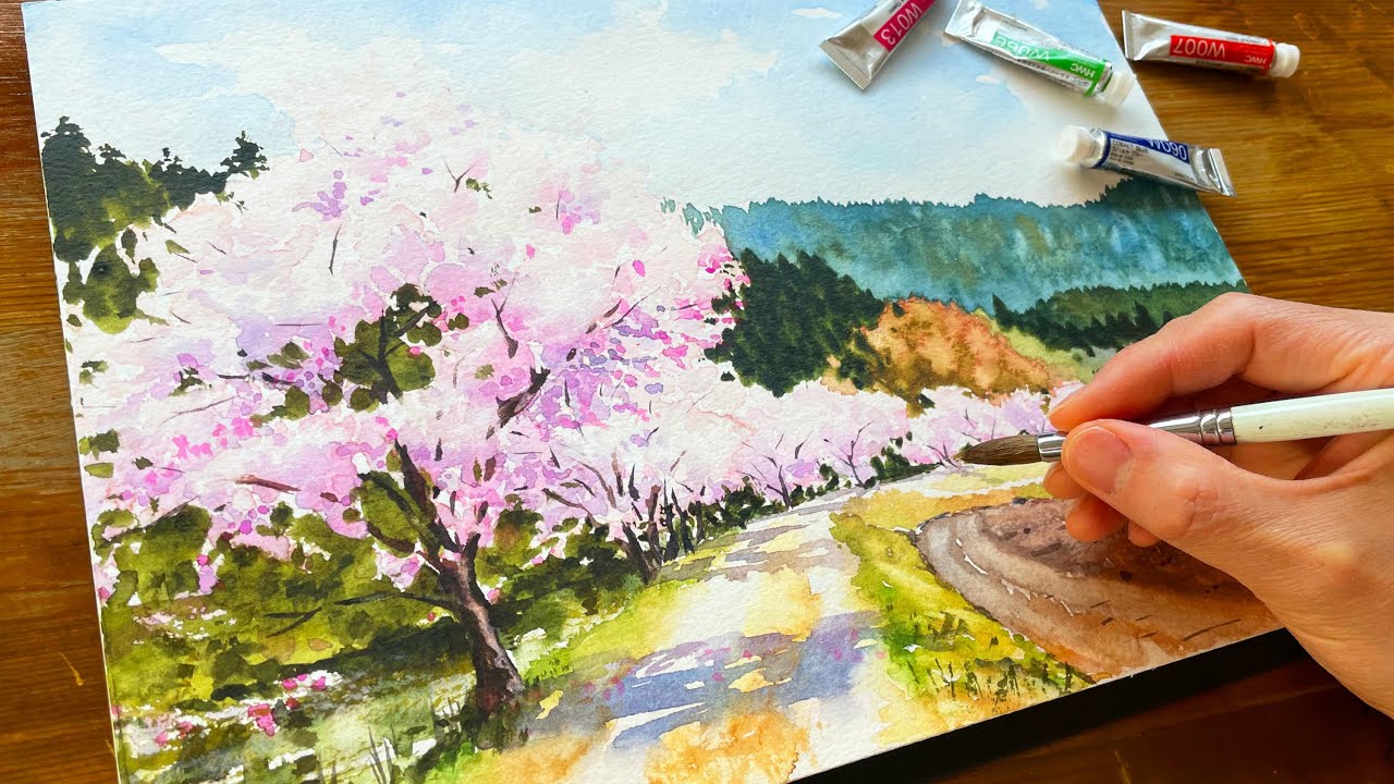 水彩画・風景画・満開の桜・自筆 誰でも簡単】桜の風景を水彩で描く
