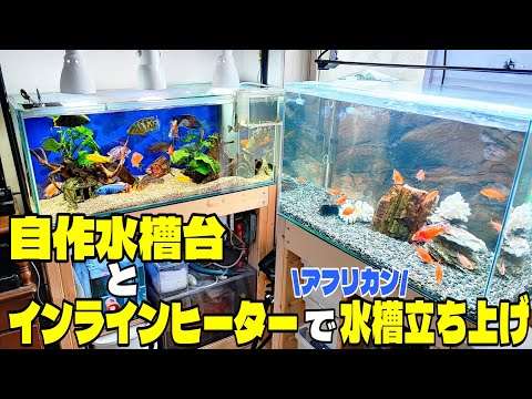 Setting up an aquarium with a homemade aquarium stand and built-in