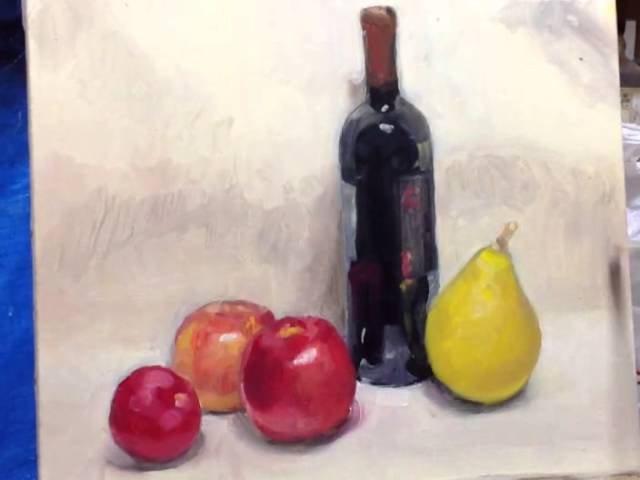 静物画 油彩画 果物とボトル