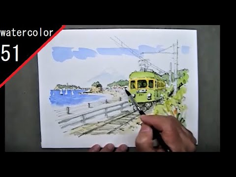 湘南の風景画江ノ電・水彩画・作家本額装品・真贋・絵画・夕焼け・朝日