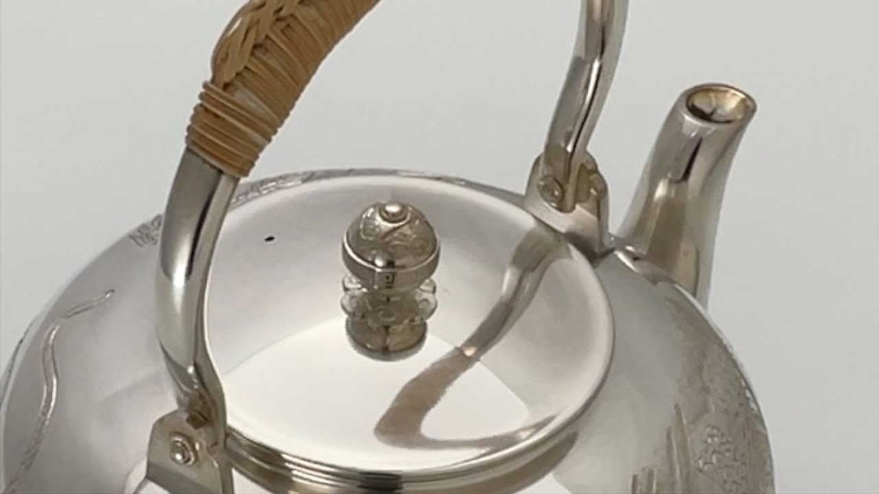 極上純銀製 仙鶴雲花文様 高工芸 湯沸 銀瓶 煎茶道具 重量1521g 極上