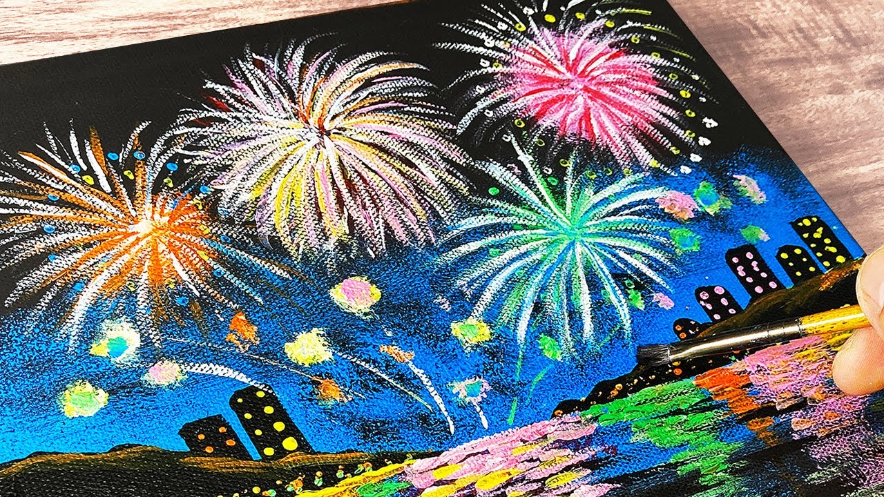 アクリル絵の具を使用した「花火」の描き方 / 初心者が簡単に絵を描く