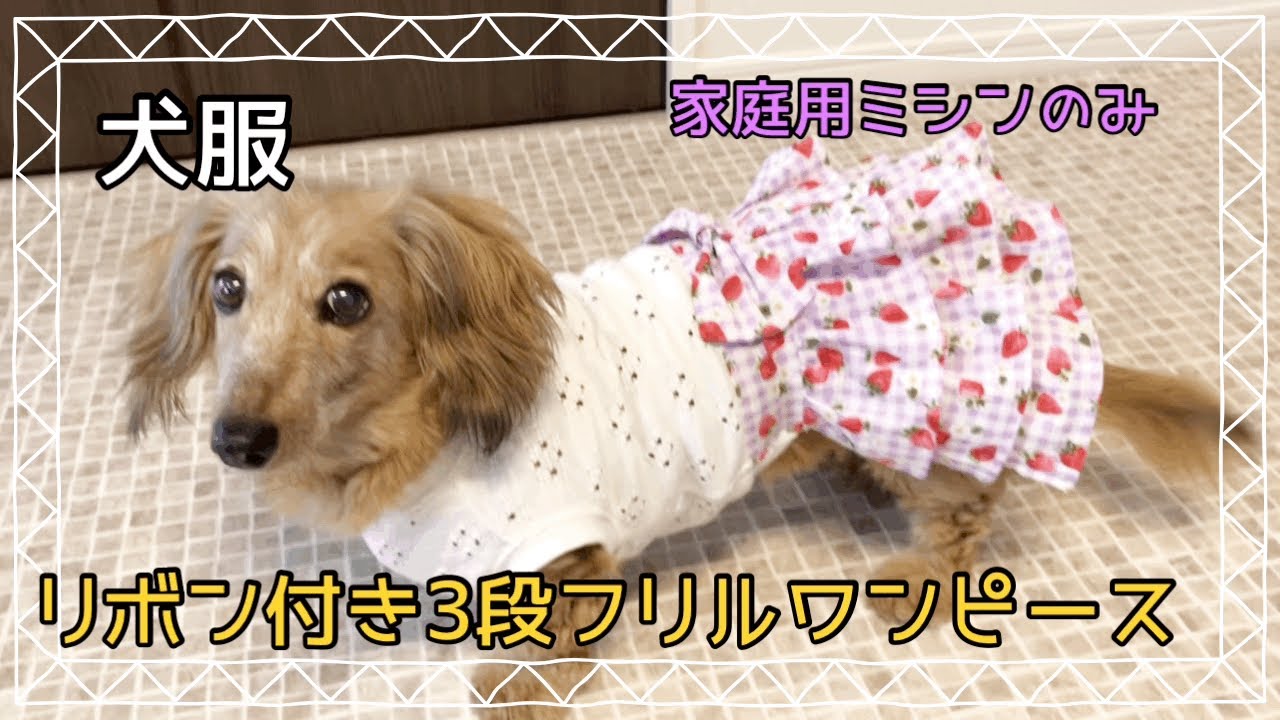 犬服ハンドメイド 家庭用ミシンだけで作るリボン付き3段フリル