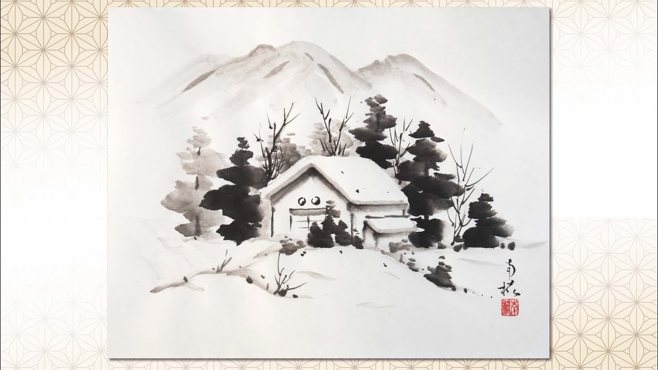 水墨画 雪景色 風景画 美術品 日本画 冬 水墨画 雪景色 風景画 美術品