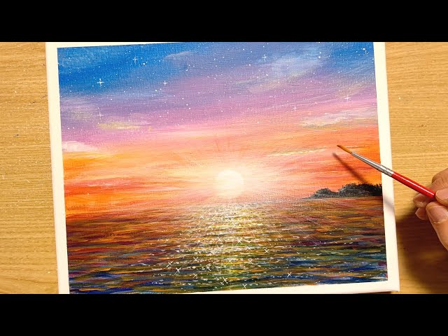 How to draw the sea at sunset glow with acrylic paint / for