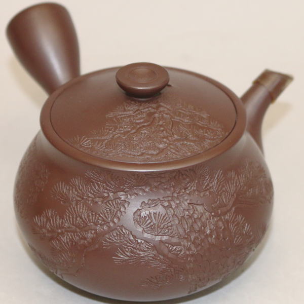 送料無料 萬古焼『伊藤実山』造 手作り老松彫刻急須 未使用品 急須】