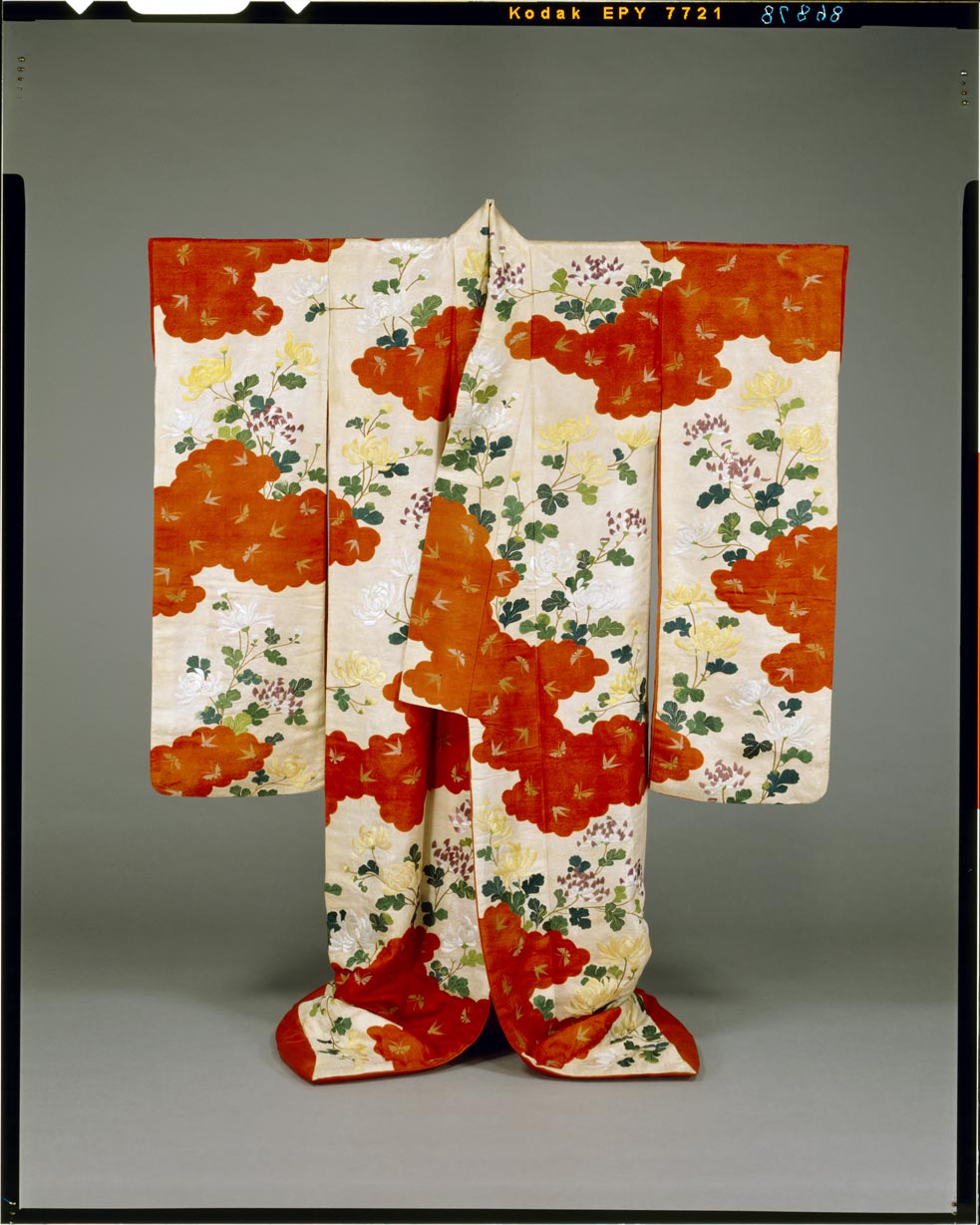 白地型染め流水扇花模様鳥振袖034w