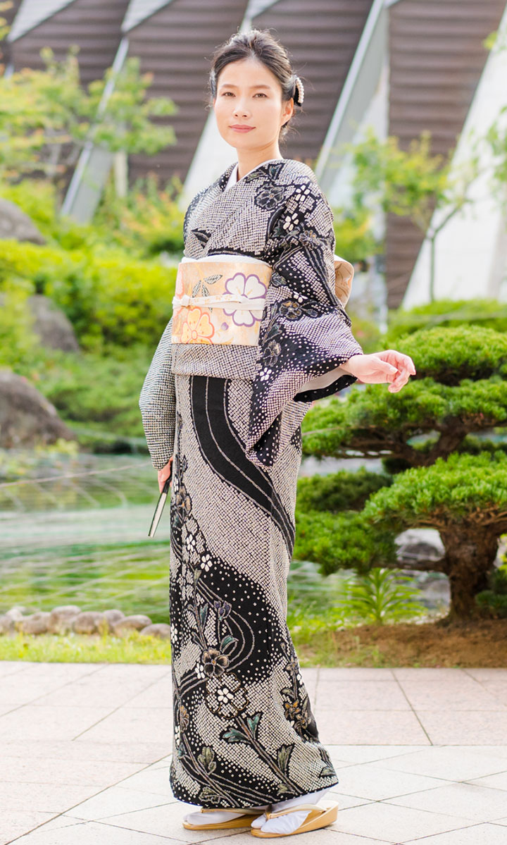 訪問着 フルセット 着物 正絹 トールサイズ 雪輪 モノトーン 黒 落款