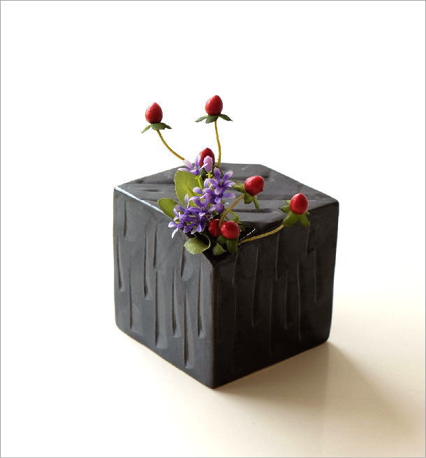 レトロえびの焼 黒色陶器 花瓶 小型 木箱付き レトロえびの焼 黒色陶器