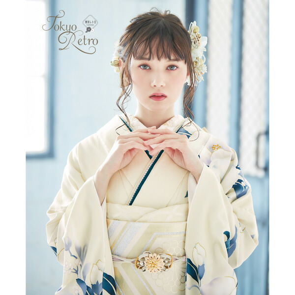 未仕立て 振袖 22点セット「東京レトロ オフホワイト 椿」仮絵羽