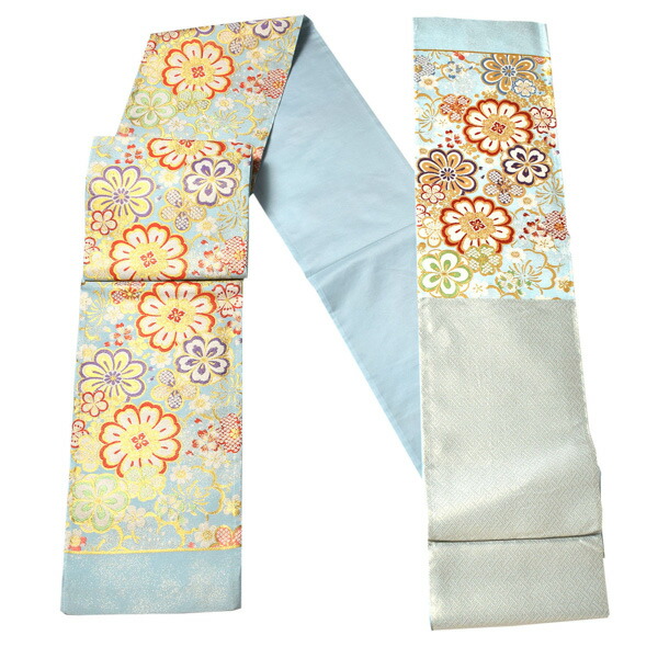 振袖 帯「水色 花紋」日本製 西陣織 西陣織証紙番号 No.2362 大光株式