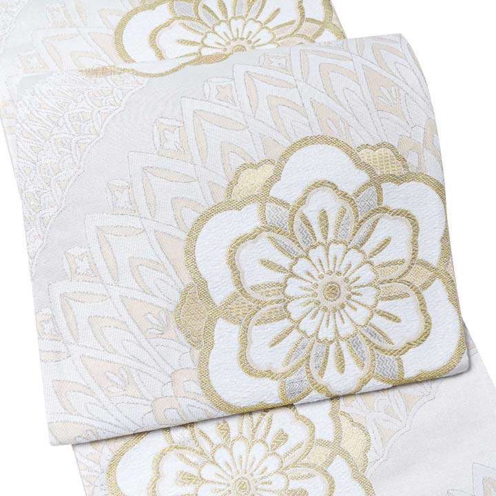 振袖 袋帯 単品「白×生成り色、金 唐花」六通柄 日本製 お仕立て上がり