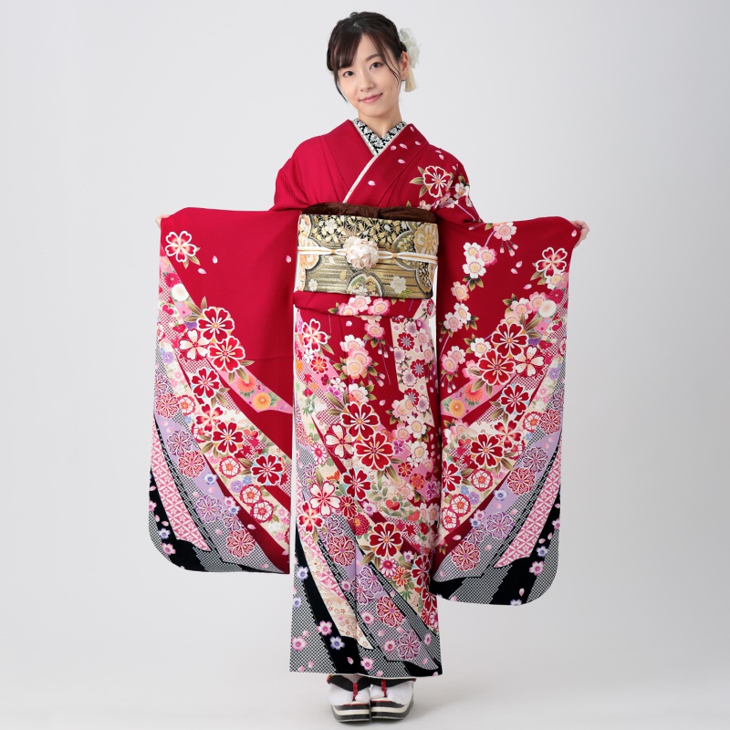 難あり□赤系無地振袖□単品 丈157cm 正絹 前撮り成人式