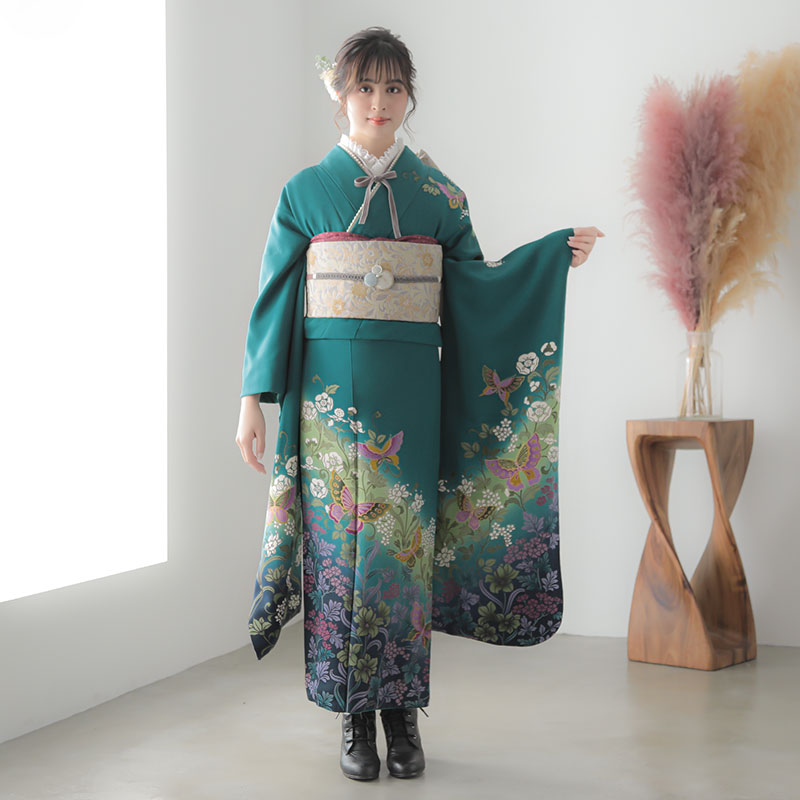 楽天市場】【振袖 レンタル】 結婚式 結納R682 正絹 青緑 蝶と蔓草花