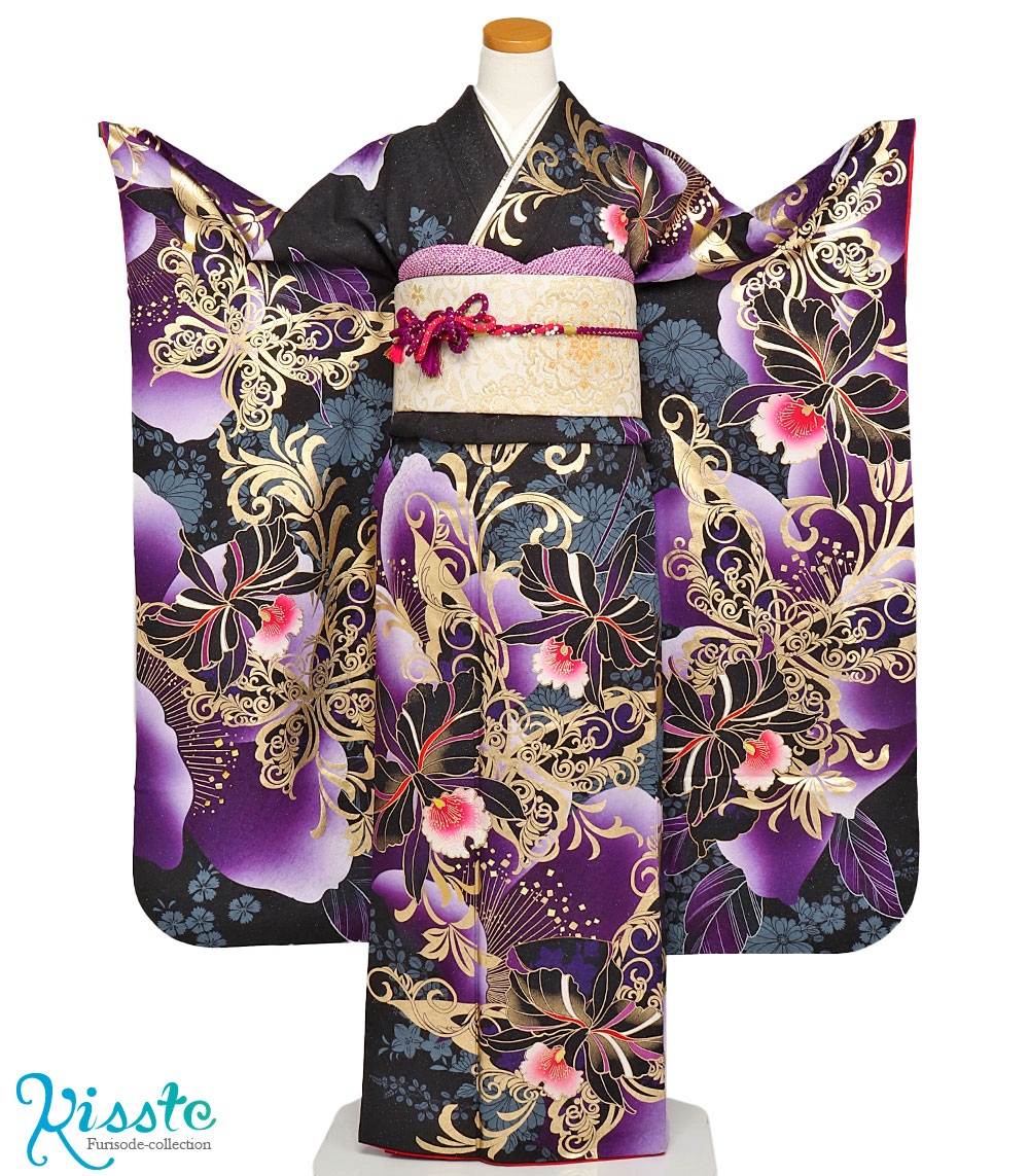 振袖フルセット花蝶文成人式振袖ゴールド黒正絹振袖6点セット 豪華