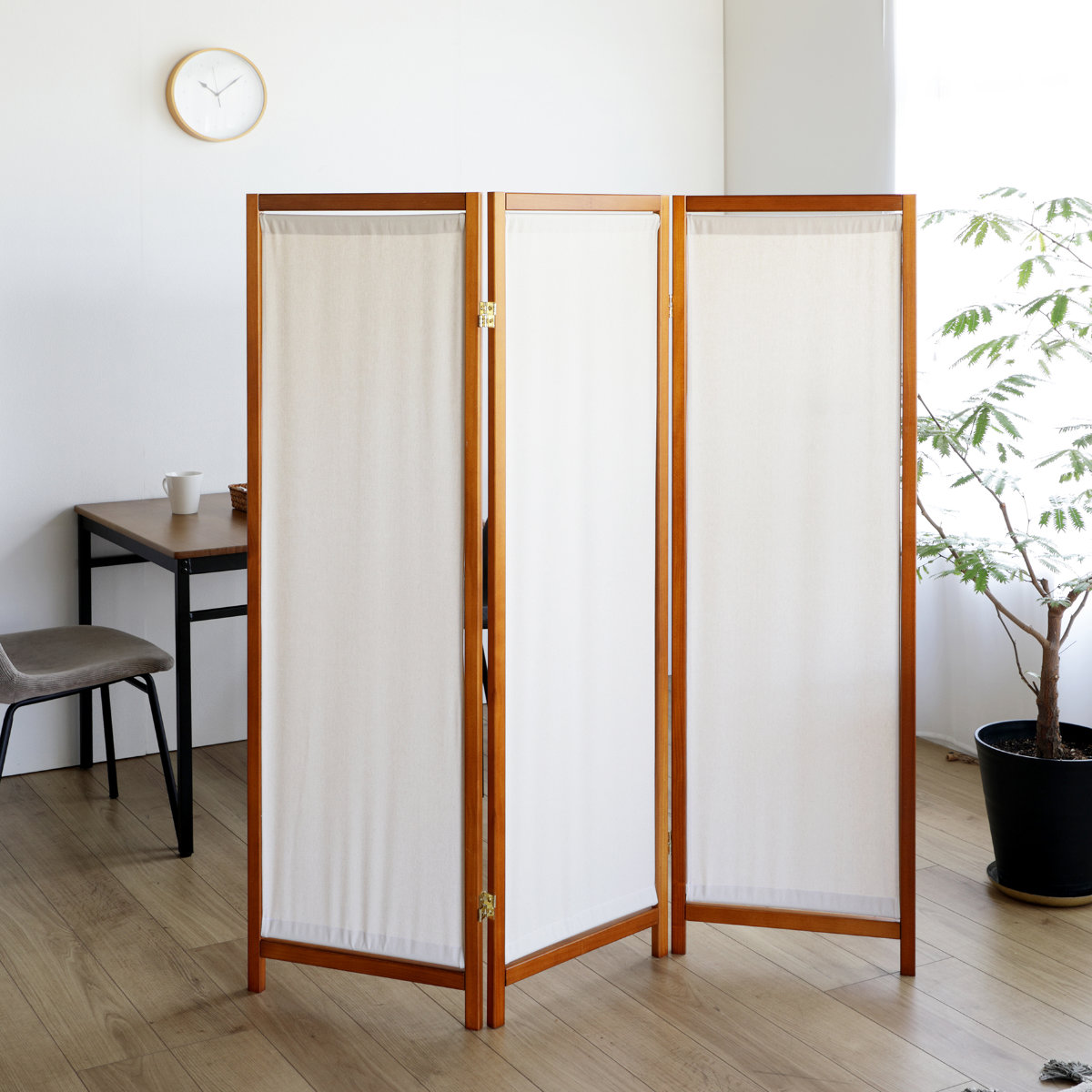 パーテーション 3連衝立 ライトブラウン色フレーム 天然燻し竹簾使用衝立 B