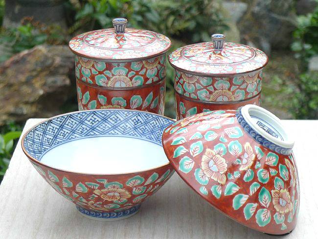 京焼清水焼一楽窯赤濃牡丹唐草夫婦湯呑み