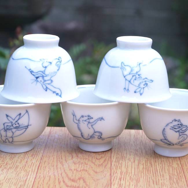 染付鳥獣戯画 煎茶碗揃え 陵泉 - 京焼清水焼 松韻堂