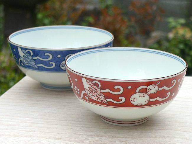 染赤濃吉祥夫婦茶碗 賀峰 - 京焼清水焼 松韻堂