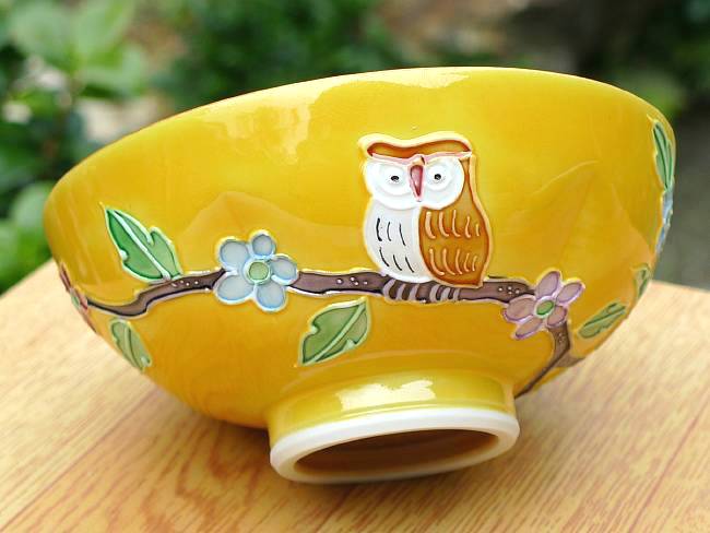 黄交趾フクロウご飯茶碗 昇峰 小 - 京焼清水焼 松韻堂
