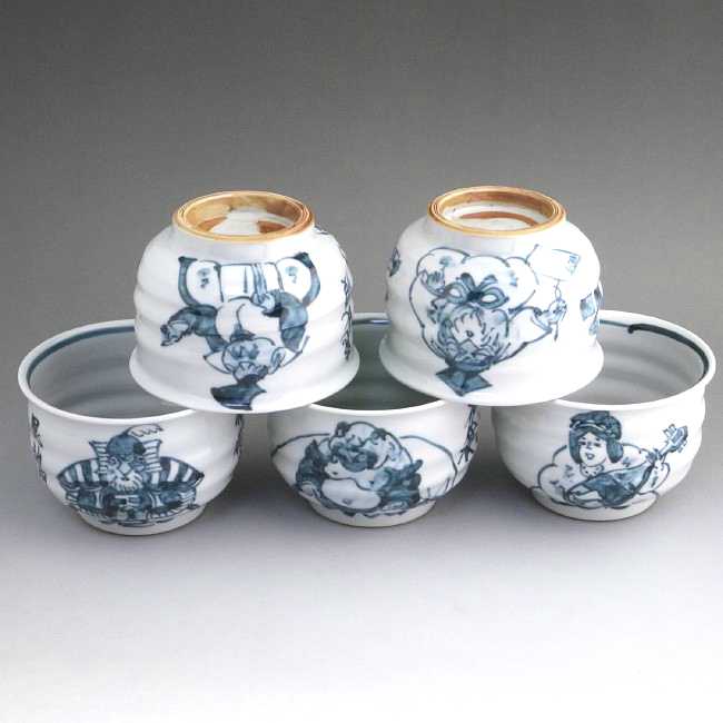 染付七福神汲出碗揃え 六斎 幸之介 - 京焼清水焼 松韻堂