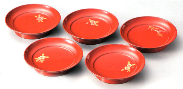 輪島塗 漆塗 菓子皿 菓子器 銘々皿 多用皿 椿皿 青梅盆 5客セット